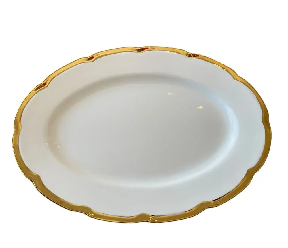 Yedi White Oval Serving Platter 14in Ceramic Gold Rim New